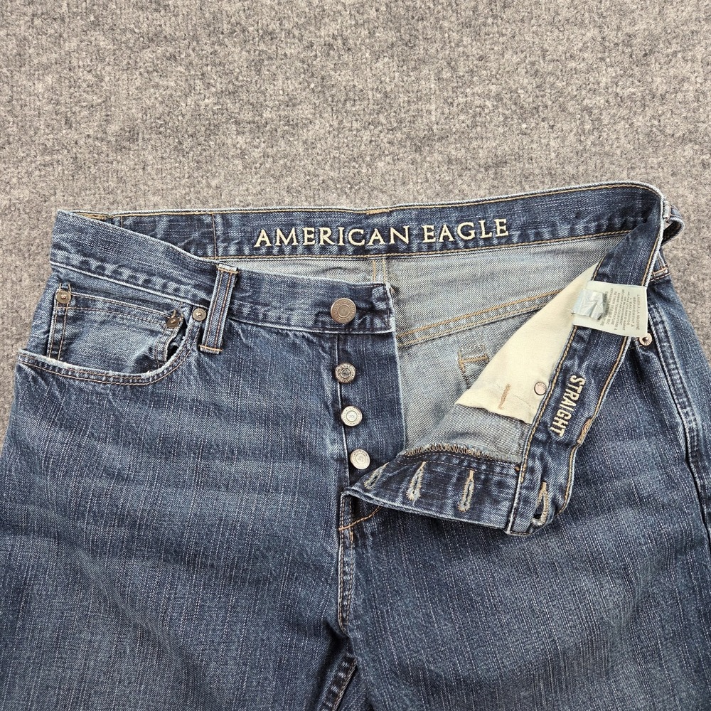 American Eagle Jeans Men 34x34 Straight Medium Wash Blue Denim Button Fly - Picture 12 of 16